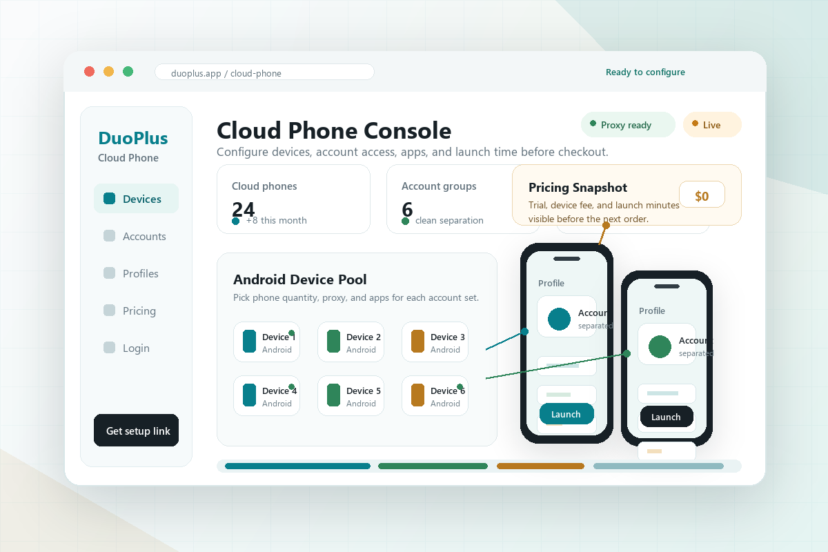 Illustration of a DuoPlus cloud phone workspace with multiple Android devices